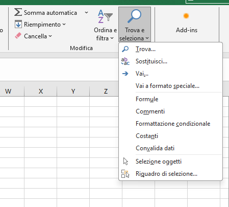 Menu Trova e Seleziona in Excel con voce Sostituisci evidenziata